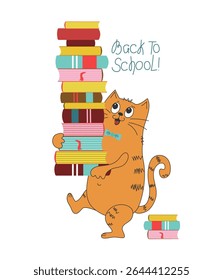 Cartoon cat with a big stack of books. Slogan Back to school, hand lettering. Knowledge day, study, school. World book day, copyright. Reading, literacy concepts.