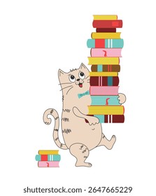 Cartoon cat with a big stack of books. Knowledge day, study, school. World book day, copyright. Reading, literacy concepts.