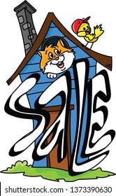 Cartoon cat and a bird looking from the window of a blue wooden house for sale vector illustration