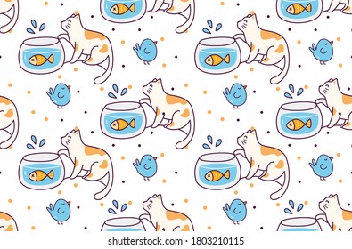 patrón sin fisuras de gatos de dibujos animados y aves