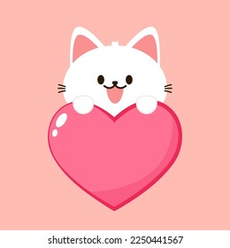 Cartoon cat biting a huge heart. Valentine's Day greeting card.