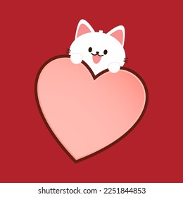 Cartoon cat biting a huge heart. Valentine's Day greeting card.