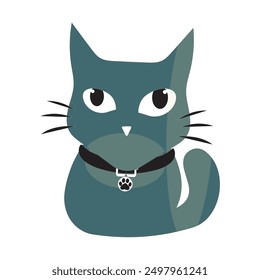 Cartoon Cat with Black Collar, Vector illustration of a cute cartoon cat with big eyes and a black collar, perfect for creative designs
