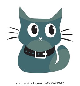 Cartoon Cat with Black Collar, Vector illustration of a cute cartoon cat with big eyes and a black collar, perfect for creative designs