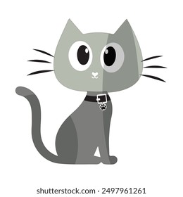 Cartoon Cat with Black Collar, Vector illustration of a cute cartoon cat with big eyes and a black collar, perfect for creative designs