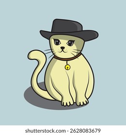 Cartoon Cat with Black Hat Sitting on Light Blue Background