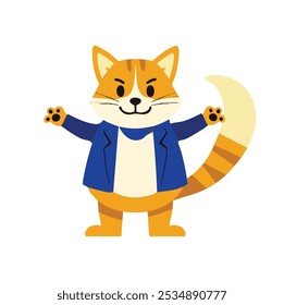 A cartoon cat in a blue jacket with a confident stance and raised paws.