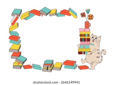 Cartoon cat with books. A stack of books, a mug with a bouquet of flowers. Banner, frame with space for text. Love of reading, literature and learning. Work in the library. Knowledge Day.