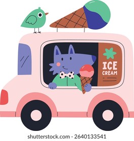 A cartoon cat with a bow tie drives an ice cream truck with a bird on top. The vehicle is decorated with a large ice cream cone. Cartoon vector illustration.