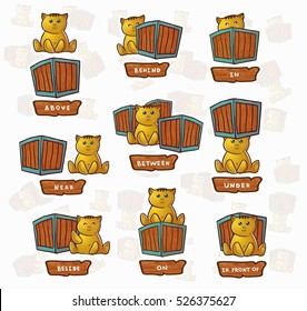 A cartoon cat with a box of playing in different positions to illustrate prepositions of place . It can be used separately on a white background for children school