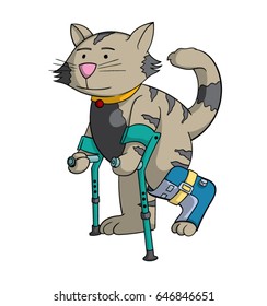 Cartoon cat with broken leg walking with crutches