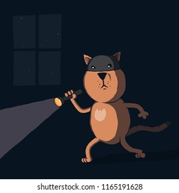 Cartoon Cat Burglar With Flashlight At Night. Vector Illustration