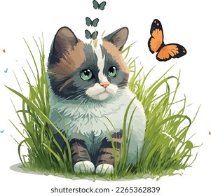 cartoon cat with butterfly in the grass with white background