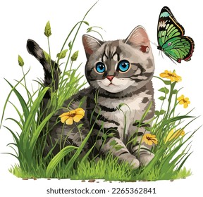 cartoon cat with butterfly in the grass with white background