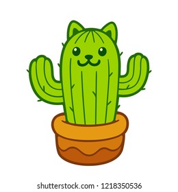 Cartoon cat cactus drawing. Cute prickly kitty in flower pot, vector illustration.