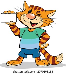 Cartoon cat with card.
Color vector illustration of a red smiling cat holding a blank business card in his hand.