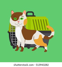 Cartoon cat and cat carrier on green. Vector illustration