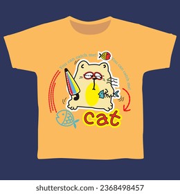 Cartoon cat carrying an umbrella before the rain, children's clothing design vector illustration