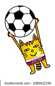 A cartoon cat catches a soccer ball football. Cat goalkeeper. Humor, funny drawing. Vector graphics.