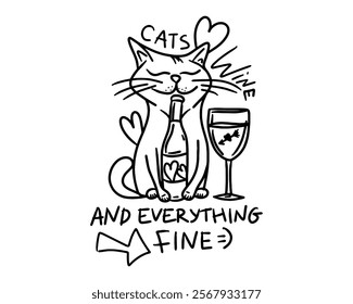Cartoon Cat with Cats and Wine Text for a Relaxed and Playful Pet Theme Illustration. Vector illustration
