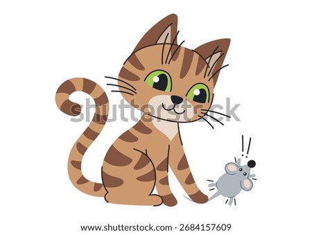 Cartoon cat caught a mouse. Children illustration of a cat hunting a mouse. Vector clip art.