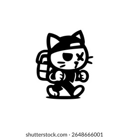 Cartoon cat character with a backpack and a bandaged eye, walking