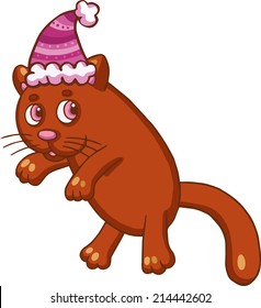Cartoon cat character in Christmas hat. Vector illustration isolated on white. 