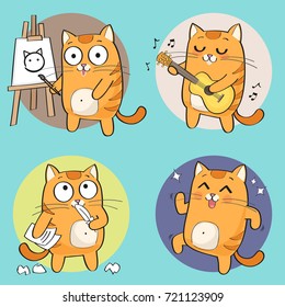 Cartoon Cat Character. Creative hobbies set. vector illustration