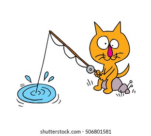 cartoon cat character fisherman, sport and outdoor activity fishing vector illustration