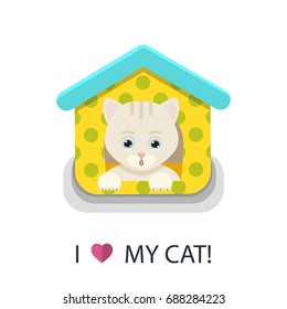 Cartoon cat character at the home isolated on a white background.Little kitty.Vector illustration. Furry human friend cute animal.Resting cat.Text I love my cat over white