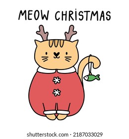 Cartoon cat character with Meow Christmas quote. Doodle vector illustration. Kawaii character design. Happy face.