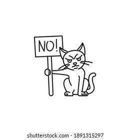 Cartoon Cat Character With Protest Sign Line Icon, Disobedience Outline Symbol.