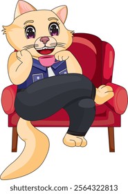 Cartoon cat character sitting on chair vector