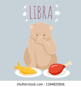 Cartoon cat character stylized as libra zodiac on light blue background; vector illustration EPS8