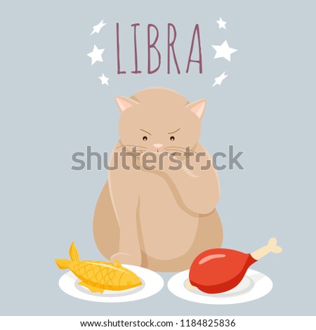 Cartoon cat character stylized as libra zodiac on light blue background; vector illustration EPS8