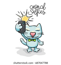 Cartoon cat character taking selfie photo on smart phone. Vector flat illustration. Hand-drawn illustration.