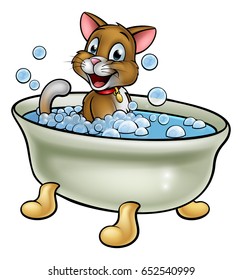 Cartoon cat character washing in the bath with bubbles