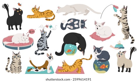 Cartoon cat characters collection. Different cat`s poses, yoga and emotions set. Flat color simple style design. Vector illustration