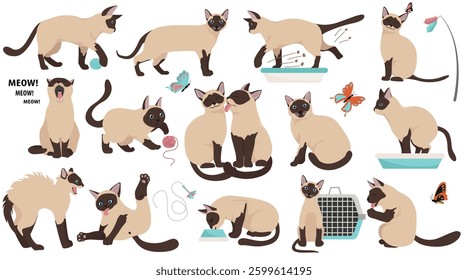 Cartoon cat characters collection. Different cat`s poses, yoga and emotions set. Flat color simple style design. Vector illustration