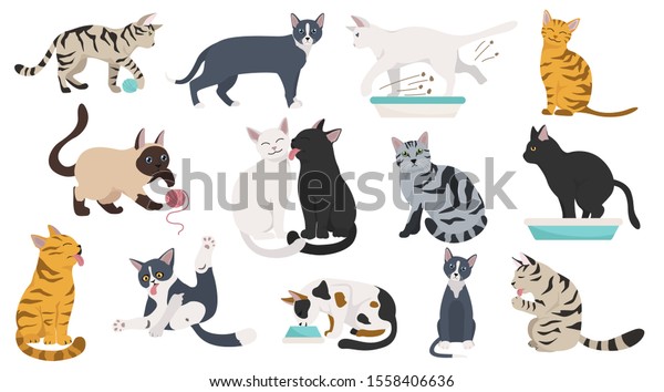 漫画の猫キャラクターコレクション 猫のポーズ ヨガ 感情セットが違います フラットカラーのシンプルなスタイルデザイン ベクターイラスト のベクター画像素材 ロイヤリティフリー
