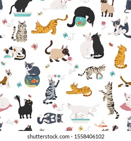 Cartoon cat characters seamless pattern. Different cat`s poses, yoga and emotions set. Flat simple style design. Vector illustration