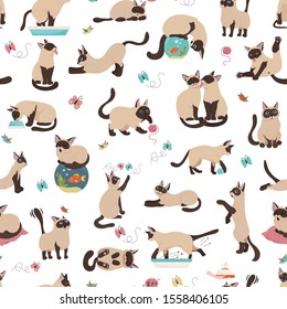 Cartoon cat characters seamless pattern. Different cat`s poses, yoga and emotions set. Flat simple style design. Vector illustration