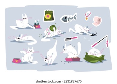 Cartoon cat characters set vector illustration. Different cats poses and emotions collection. Home pets flat style concept