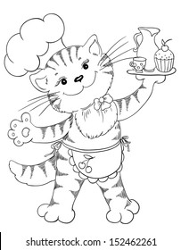 Cartoon cat chef with cupcake and coffee