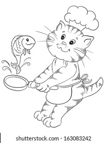 Cartoon cat chef prepares grilled fish