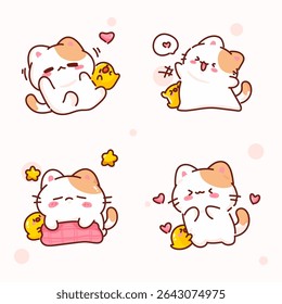 Cartoon cat and chick pair in sweet moments—hugging, teasing, resting, and blushing. Soft pastel tones with hearts and stars, perfect for kawaii and cozy themes.
