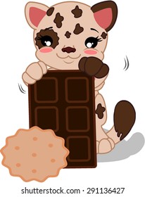 Cartoon cat with chocolate and biscuit.