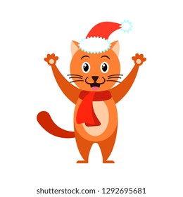 Cartoon cat in Christmas hat. Element for Christmas illustration. 
