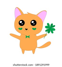 Cartoon Cat with clover. St. Patrick's Day vector illustration.Postcard, poster, banner, print design.