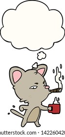 cartoon cat with coffee and cigar with thought bubble